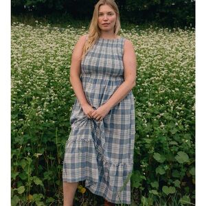 Tradlands GOLDIE SMOCKED SLEEVELESS DRESS CREAM ATLANTIC PLAID